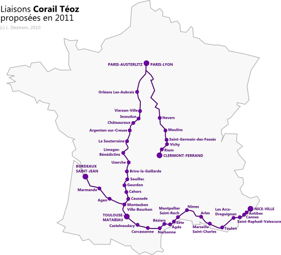 Схема маршрутов поездов Corail Teoz - на поезде в Каркасон, на поезде в Carcassonne