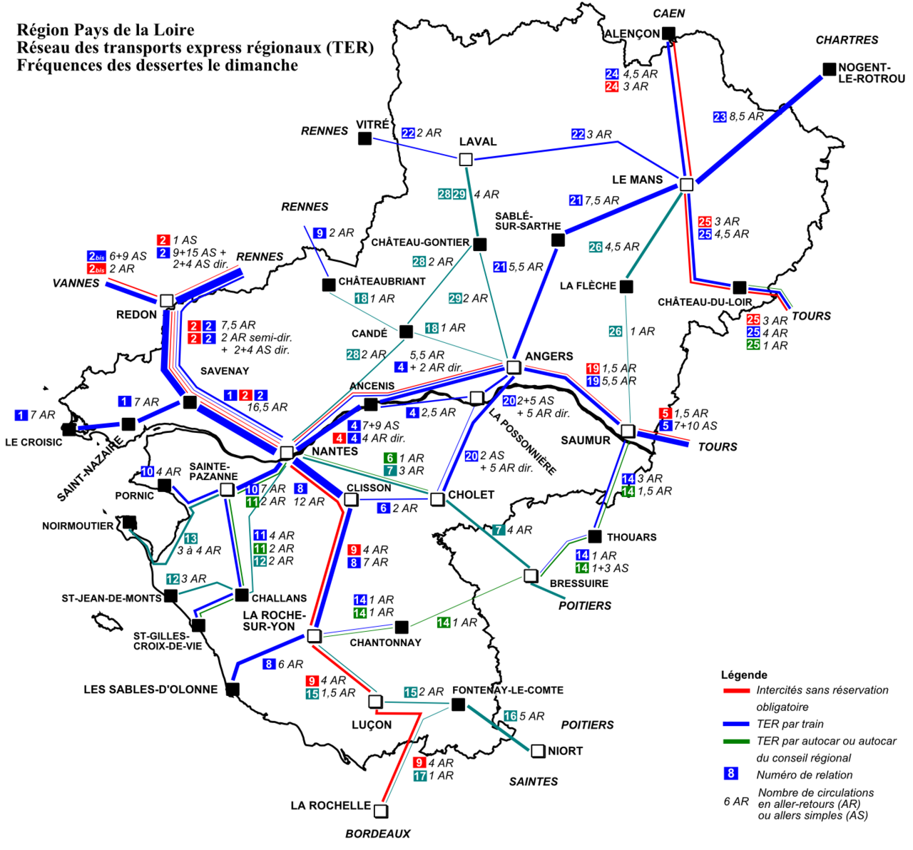 Схема региональных поездов TER в регионе Pays de la Loire (Пэи-де-ла-Луар, Земли Луары)